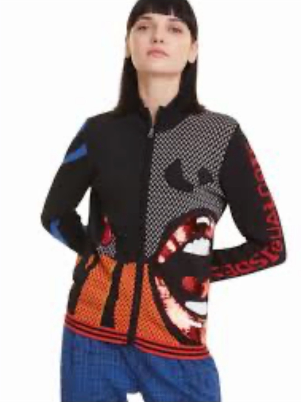 Desigual Womens Knit Jacket Ny Sweater Full Zip Black Art To Wear EUC New